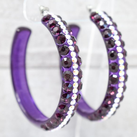 2.5" Clear Purple Lucite 5 Row Rhinestone Earrings - Picture 2 of 11
